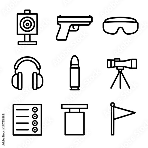 Shooting Range Icons. Outline icon set of shooting range gear: target stand, firearm silhouette, safety goggles, ear muffs, bullet
