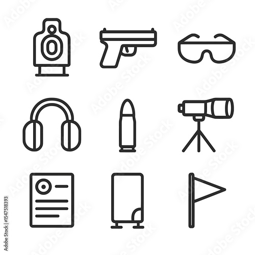 Shooting Range Icons. Outline icon set of shooting range gear: target stand, firearm silhouette, safety goggles, ear muffs, bullet