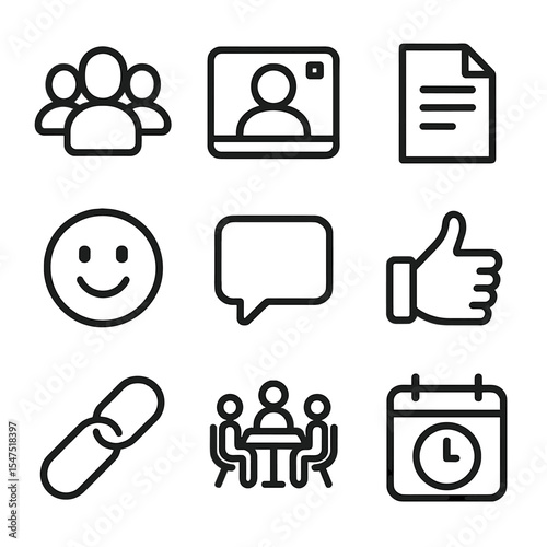 Shared Reality Icons. Outline icon set of shared reality experiences: group avatar, video call screen, shared document, reaction
