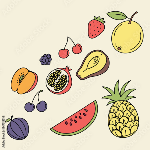 Flat Lay Illustration Diverse Colorful Fruits Apricot Avocado Blackberry Cherry Plum Pineapple Pomegranate Strawberry
