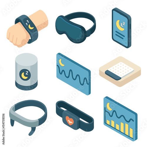 Sleep Tech Icons. Isometric Flat icon set of sleep-tracking devices: fitness tracker on wrist, smart sleep mask, sleep app on
