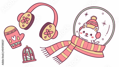 Cute cartoon winter cat in snow globe with scarf hat earmuffs mitten illustration set. Cozy Christmas holiday graphic.