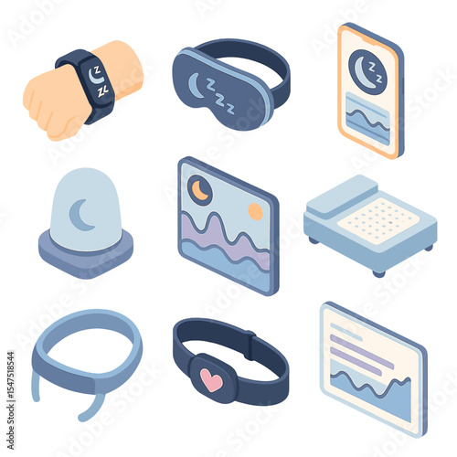 Sleep Tech Icons. Isometric Flat icon set of sleep-tracking devices: fitness tracker on wrist, smart sleep mask, sleep app on