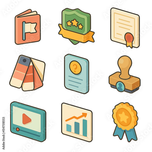 Skill Level Icon Set. Isometric Flat icon set of skill levels: beginner booklet, intermediate badge, advanced certificate,