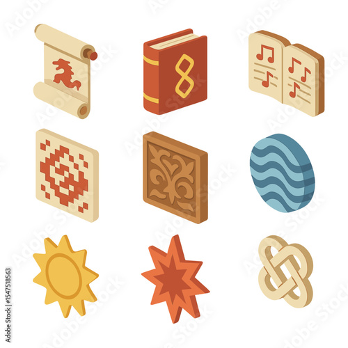 Slavic Folklore Icon Set. Isometric Flat icon set of Slavic folklore motifs: oral tale scroll, epic cycle book, song manuscript,