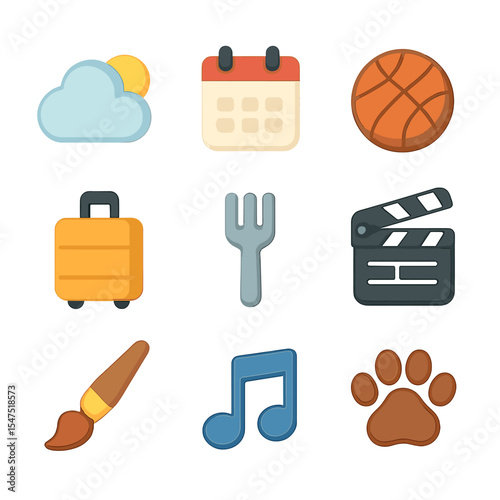 Small Talk Icons. Isometric Flat icon set of small talk topics: weather cloud, weekend calendar, sports ball, travel suitcase,