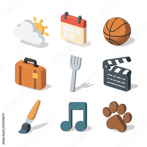 Small Talk Icons. Isometric Flat icon set of small talk topics: weather cloud, weekend calendar, sports ball, travel suitcase,