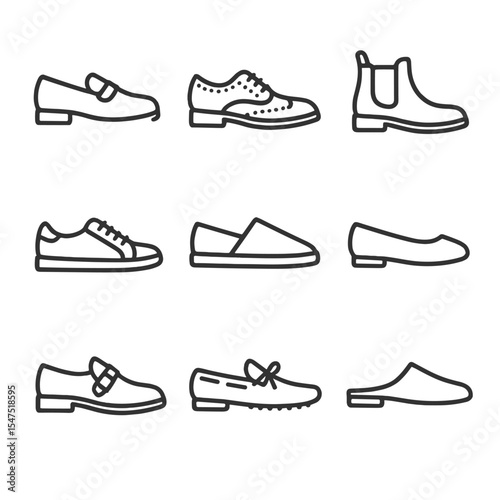Smart Casual Footwear Icons. Outline icon set of smart casual footwear options: loafers, brogues, Chelsea boots, sneakers,