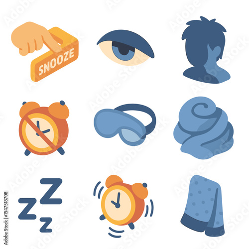 Snooze Behavior Icons. Isometric Flat icon set of morning snooze behaviors: finger hitting snooze, half-closed eyelid, bedhead