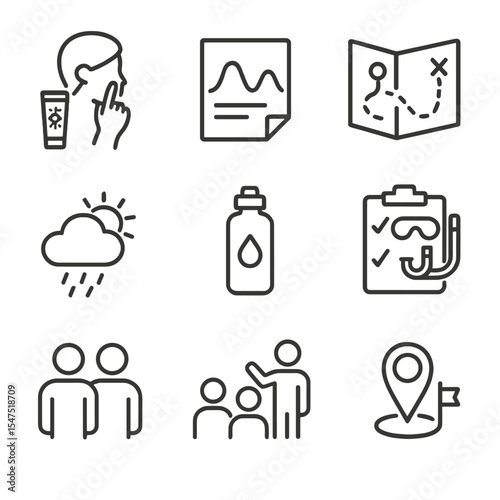 Snorkeling Trip Essentials. Outline icon set of snorkeling trip preparation: sunscreen application, tide chart, route map, weather