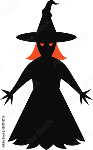 A classic Halloween witch silhouette in black, featuring a pointy hat, glowing orange eyes, and orange hair. Ideal for spooky holiday designs.