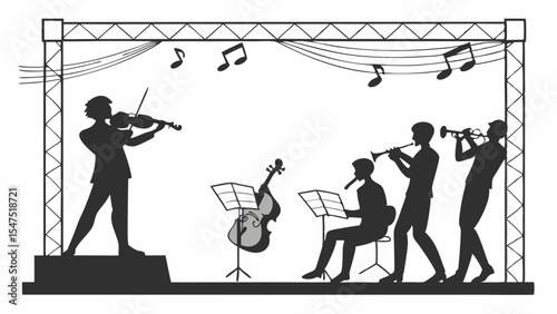 Live Music Concert Performance Silhouette Graphic Musicians Playing Instruments on Stage Event
