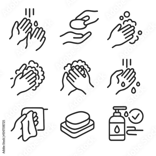 Soap Usage Icon Set. Outline icon set of soap usage steps: wet hands, apply soap, create lather, scrub thoroughly, rinse off, pat