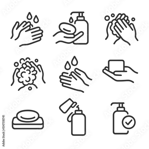 Soap Usage Icon Set. Outline icon set of soap usage steps: wet hands, apply soap, create lather, scrub thoroughly, rinse off, pat