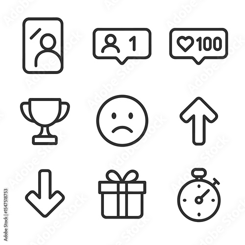 Social Comparison Icons. Outline icon set of social comparison and envy: mirror phone, follower count, like counter, trophy icon,