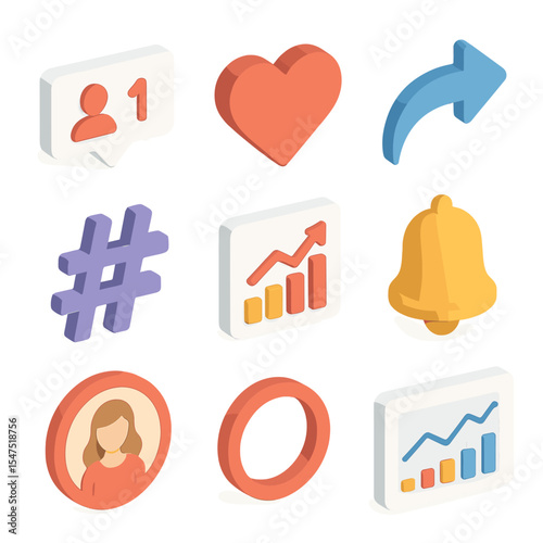 Social Media Icon Set. Isometric Flat icon set of social media growth: follower count, like heart, share arrow, hashtag, trending