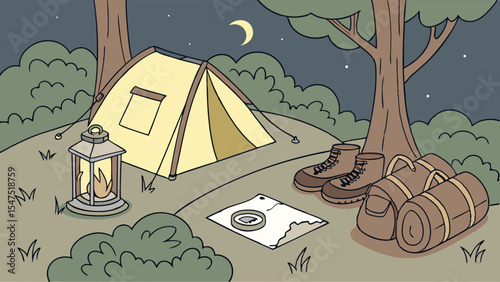 Night Camping Setup in Forest with Tent Lantern Boots Bags Map and Compass for Outdoor Adventure