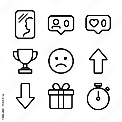 Social Comparison Icons. Outline icon set of social comparison and envy: mirror phone, follower count, like counter, trophy icon,