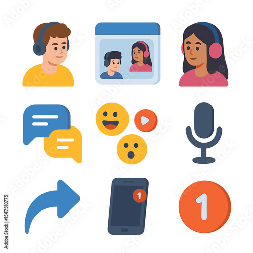 Social Media Icons. Isometric Flat icon set of social teen in group chat: two teens with headphones, video call window, chat