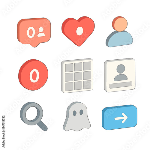 Social Media Isolation Icons. Isometric Flat icon set of social media solitude: zero followers badge, empty heart counter, lone