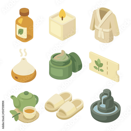 Spa Essentials Icons. Isometric Flat icon set of spa and wellness experiences: massage oil bottle, scented candle, bathrobe,