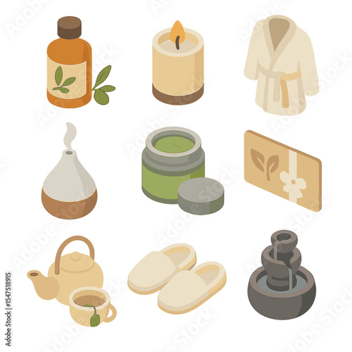 Spa Essentials Icons. Isometric Flat icon set of spa and wellness experiences: massage oil bottle, scented candle, bathrobe,