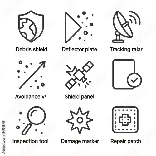 Space Debris Icons. Outline icon set of space debris management: debris shield, deflector plate, tracking radar, avoidance vector,