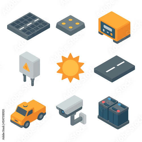 Solar Roadway Icons. Isometric Flat icon set of solar roadway panels: solar panel road tile, LED embedded marker, power inverter,