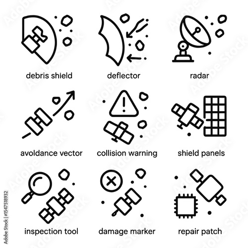 Space Debris Icons. Outline icon set of space debris management: debris shield, deflector plate, tracking radar, avoidance vector,