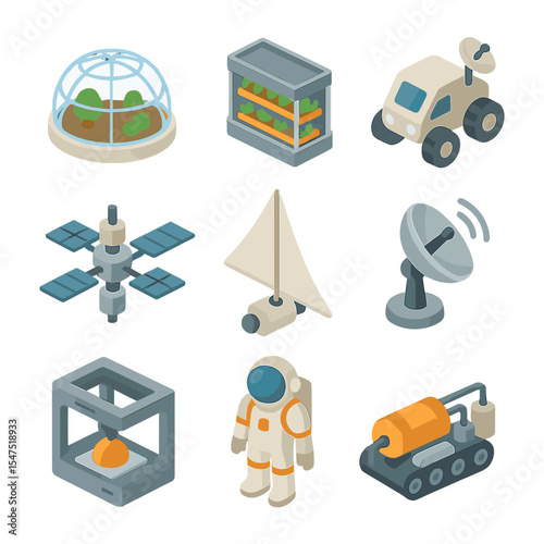 Space Colonization Icons. Isometric Flat icon set of space colonization utopia: domed habitat, hydroponic farm, rover vehicle,