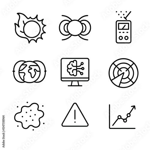 Space Weather Icons. Outline icon set of space weather prediction: solar flare, magnetosphere, particle detector, geomagnetic