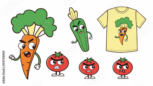 Funny cartoon angry vegetable characters carrot cucumber tomato t-shirt design print mascot isolated on white background vector illustration