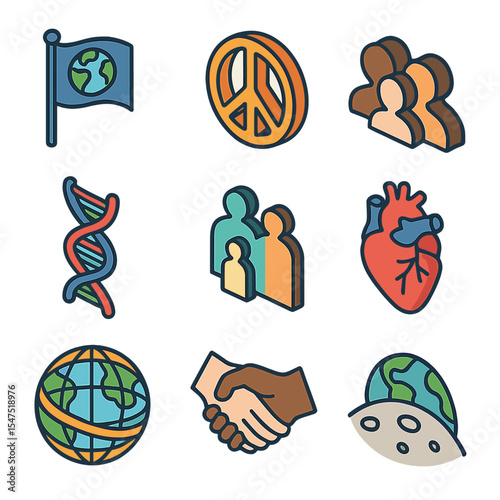 Space-Culture Icon Grid. Isometric Flat icon set of Earth cultural representation in space: Earth flag, peace symbol, diversity
