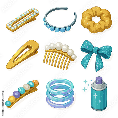 Sparkling Hair Accessories Icons. Isometric Flat icon set of sparkling hair accessories: rhinestone hairpin, crystal headband,