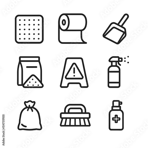 Spill Kit Icons. Outline icon set of spill emergency kit: absorbent pad, paper towels, spill scoop, binding powder, odor