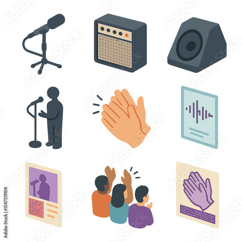 Spoken Word Icon Set. Isometric Flat icon set of spoken word performance: boom mic, amplifier, stage monitor, performer silhouette