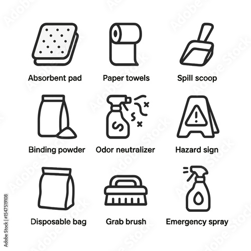Spill Kit Icons. Outline icon set of spill emergency kit: absorbent pad, paper towels, spill scoop, binding powder, odor