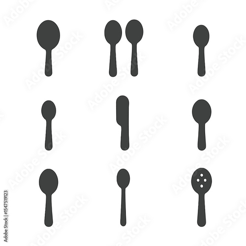 Spoon Icon Set. Flat icon set of spoon uses in table setting: soup service, fish fork and spoon, dessert course, coffee spoon,