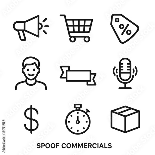 Spoof Commercial Icons. Outline icon set of spoof commercials: megaphone, shopping cart, discount tag, product box, smiling model