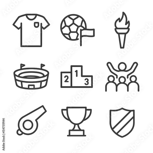 Sports Icon Set. Outline icon set of sports teams and events: national football jersey, soccer ball with flag, Olympic torch,