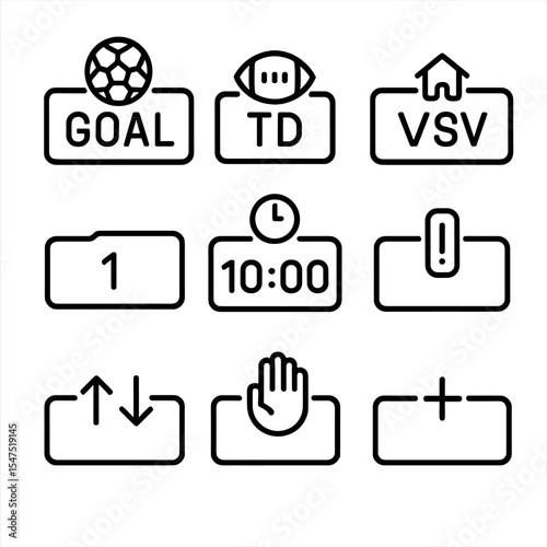 Sports Icon Set. Outline icon set of live score overlays: goal icon, touchdown marker, home vs away, period indicator, timer