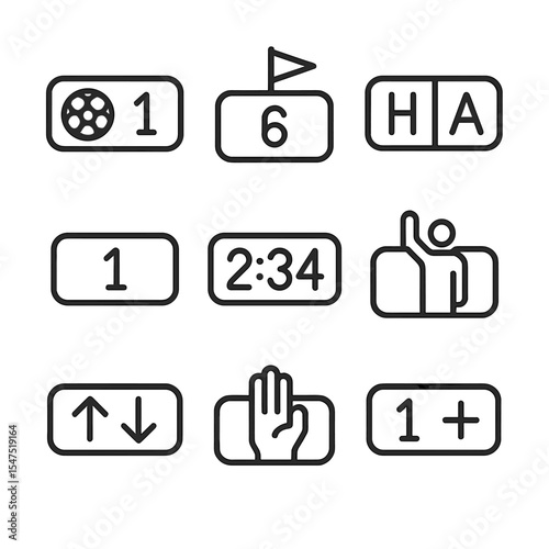 Sports Icon Set. Outline icon set of live score overlays: goal icon, touchdown marker, home vs away, period indicator, timer