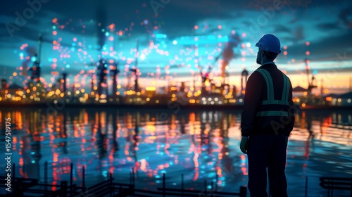 Engineer Contemplating Industrial Landscape at Sunset: Reflective View with Factory Lights and Water Reflections
