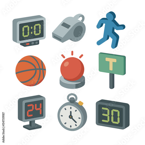 Sports Timer Icon Set. Isometric Flat icon set of sports match countdown: stadium scoreboard timer, referee whistle, player