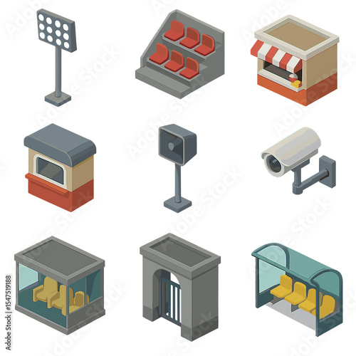 Stadium Icon Set. Isometric Flat icon set of stadium environment: floodlight tower, seating stand, concession stand, ticket booth,
