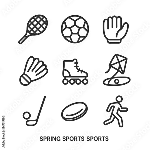 Spring Sports Icons. Outline icon set of spring sports: tennis racket, soccer ball, baseball glove, badminton shuttlecock, roller