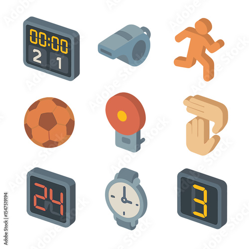Sports Timer Icon Set. Isometric Flat icon set of sports match countdown: stadium scoreboard timer, referee whistle, player
