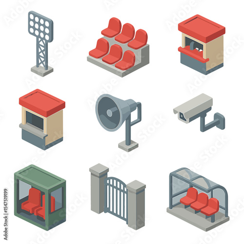 Stadium Icon Set. Isometric Flat icon set of stadium environment: floodlight tower, seating stand, concession stand, ticket booth,