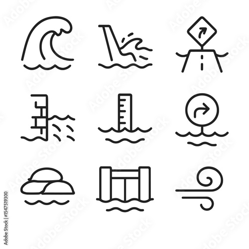 Storm Surge Icon Set. Outline icon set of storm surge effects: towering wave, breached levee, submerged road, coastal wall, tide