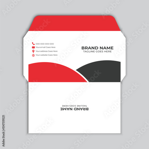 Clean modern business envelope design with brand name and contact details in minimalist style.